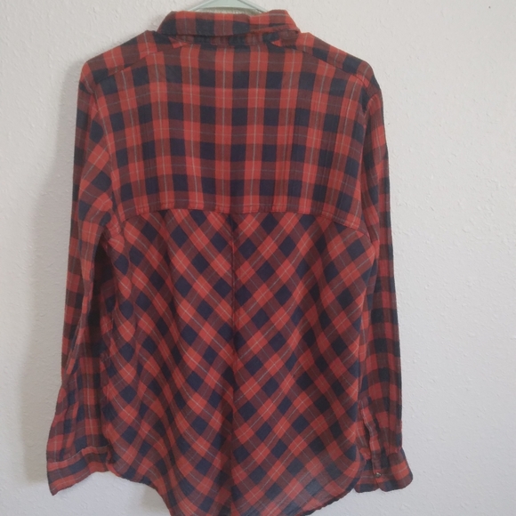 Free people orange & blue gauzy cut out  snap button flannel - Picture 4 of 7